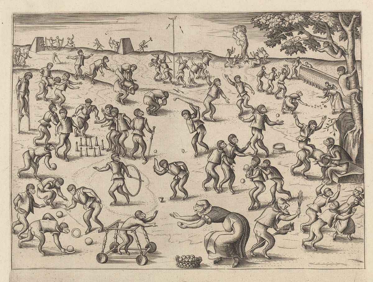 Gravure waarop tientallen apen in mensenkleren buiten spelen: ze kegelen, springen, kolf spelen, op stelten lopen en boogschieten, als een vrolijke parodie op menselijke spelletjes.