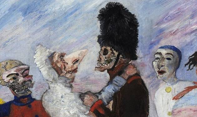 Schilderij met een skelet dat een gemaskerde figuur vastgrijpt, omringd door andere kleurrijke maskers.