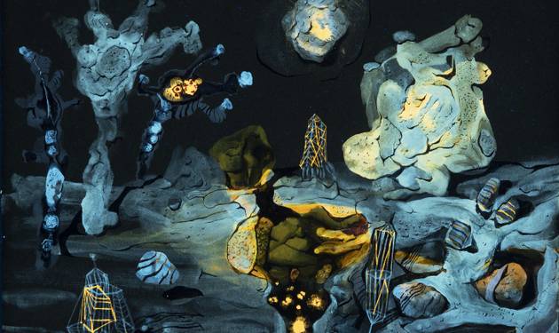 Schilderij met abstracte, droomachtige vormen in pastel- en fluotinten.