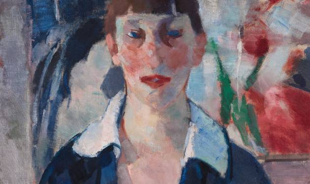 Schilderij van een vrouw in een blauwe blouse, geschilderd in losse, kleurrijke toetsen.