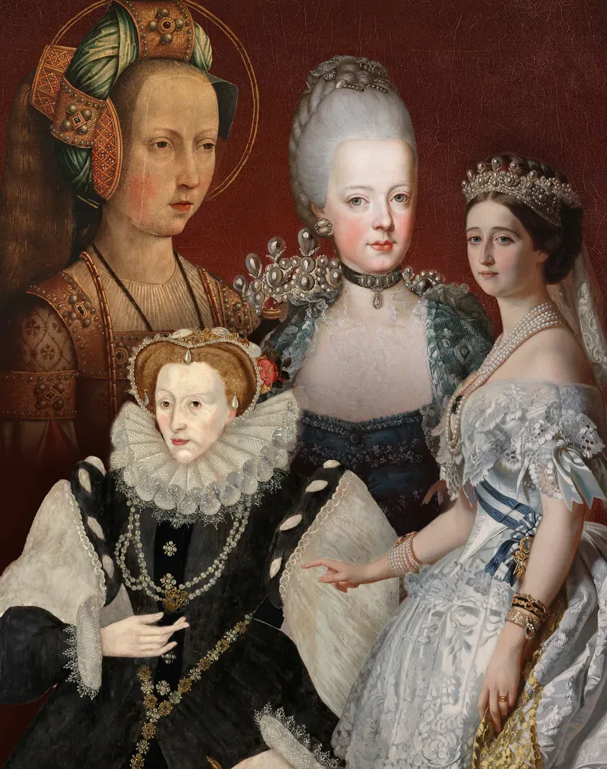 Een schilderij van 4 vrouwen die op andere bekende schilderijen staan.