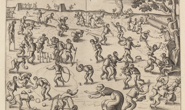 Gravure waarop tientallen apen in mensenkleren buiten spelen: ze kegelen, springen, kolf spelen, op stelten lopen en boogschieten, als een vrolijke parodie op menselijke spelletjes.